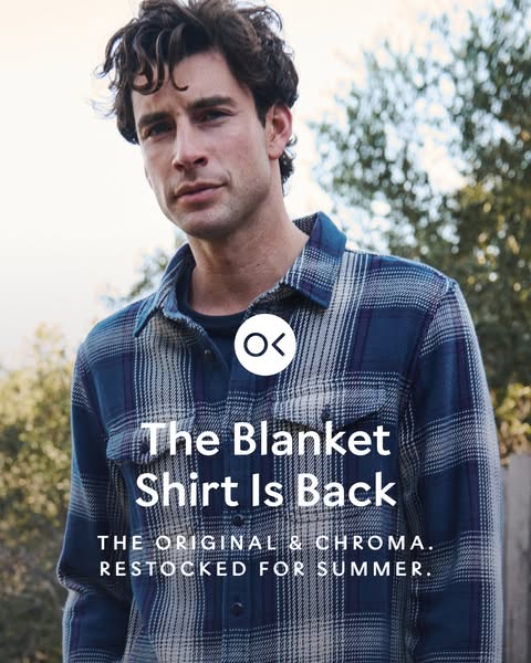 An ad showcasing a man wearing a blue and white plaid 'Blanket Shirt' from the brand Oklo.