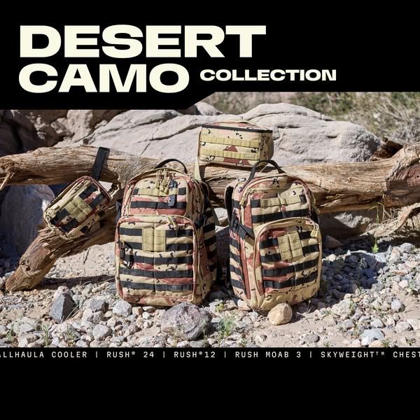 An advertisement showcasing a collection of bags in desert camouflage.