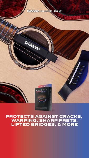 This image ad promotes the D'Addario Humidipak Maintain, designed to protect guitars from cracks, warping, sharp fre