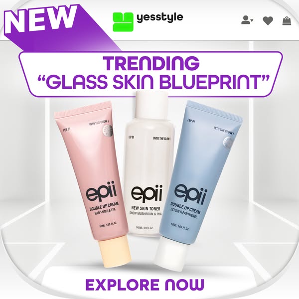 The image is an advertisement for the Korean skincare brand epii, specifically showcasing their "Glass Skin Bluepri