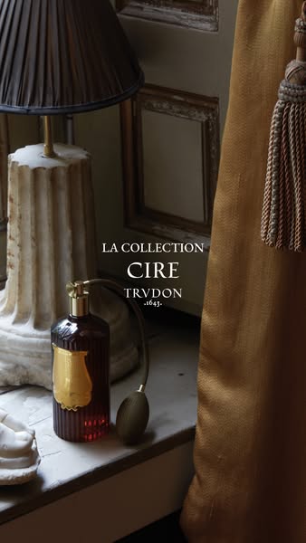 This ad showcases the Cire candle from the brand Trudon. The ad highlights the product by showcasing it in a classical s
