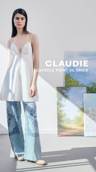 This ad showcases clothing from the Claudie capsule collection with Point de Croix designs, blending fashion with artist