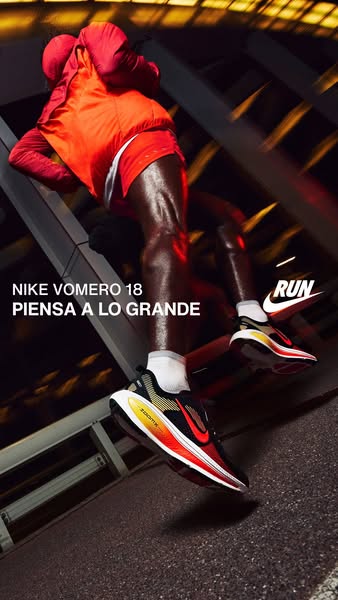 This ad showcases the Nike Vomero 18 running shoes on a runner in motion.