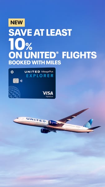 This image ad promotes the United MileagePlus Explorer card by highlighting a limited-time offer: cardholders can save a