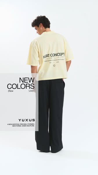This ad promotes YUXUS apparel, showcasing a yellow t-shirt and black pants. The ad emphasizes the brand's new color