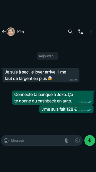 Ad shows a screenshot of a text message conversation where one person expresses they are broke and need money and anothe