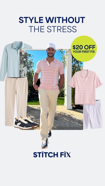 The ad features an attractive man in the center of the frame wearing clothing from Stitch Fix. To his left and right are