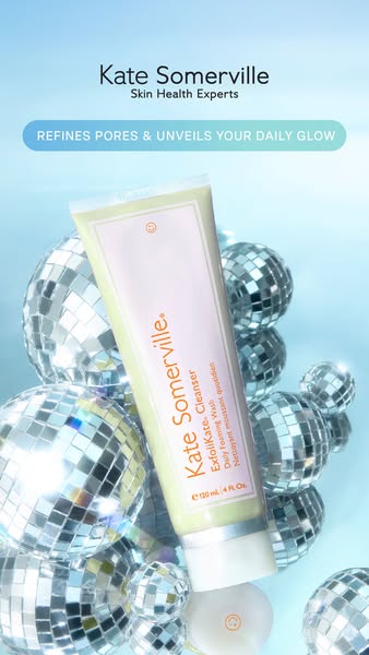 This ad showcases Kate Somerville's ExfoliKate Cleanser against a backdrop of disco balls, highlighting its ability 