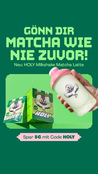 This image ad promotes HOLY Milkshake Matcha Latte, a new product by HOLY, through a presentation of the product, a head