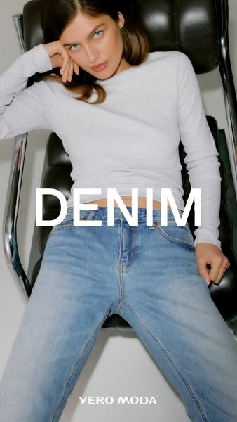 This ad showcases Vero Moda denim jeans. A model poses in the jeans, which are the focal point of the image. The setting