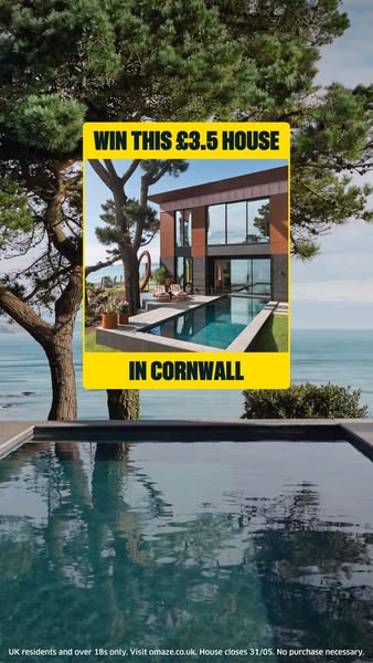 This image ad announces a contest to win a £3.5 house in Cornwall. The image shows a modern house with a pool, positione