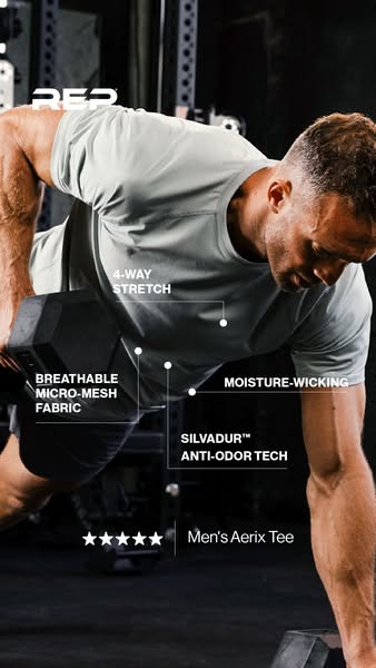 This image ad focuses on the technical benefits of the Men's Aerix Tee, including moisture-wicking, anti-odor tech, 