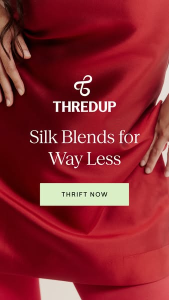 This ad promotes ThredUp's silk blend clothing options. A red silk dress is presented against a plain background wit