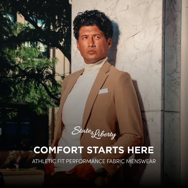 This ad showcases State & Liberty's athletic fit performance fabric menswear. The ad features a man wearing a ta