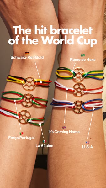 This image promotes bracelets, each one with a soccer ball charm and colors that match a different nation that is part o