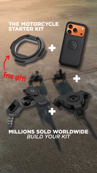 This image ad showcases a motorcycle starter kit. It contains a phone case, phone mount, and motorcycle handlebar mount,