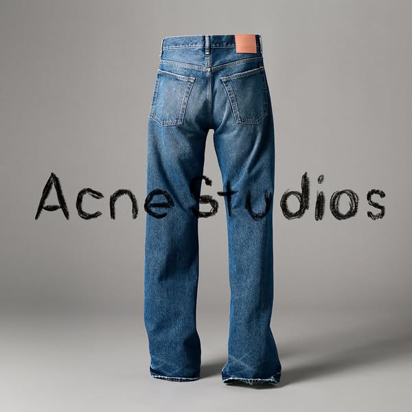 This ad features a pair of Acne Studios jeans against a gray background. The brand name is written in a charcoal-like fo