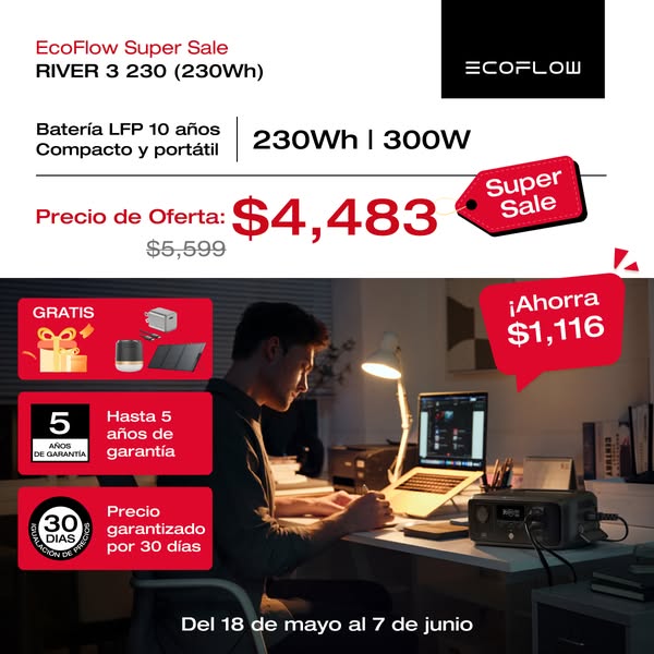 This ad promotes EcoFlow's RIVER 3 230 portable power station at a discounted price. The ad highlights the product&#