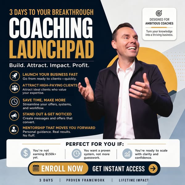 This image ad promotes a coaching launchpad program that aims to help ambitious coaches turn their knowledge into a thri