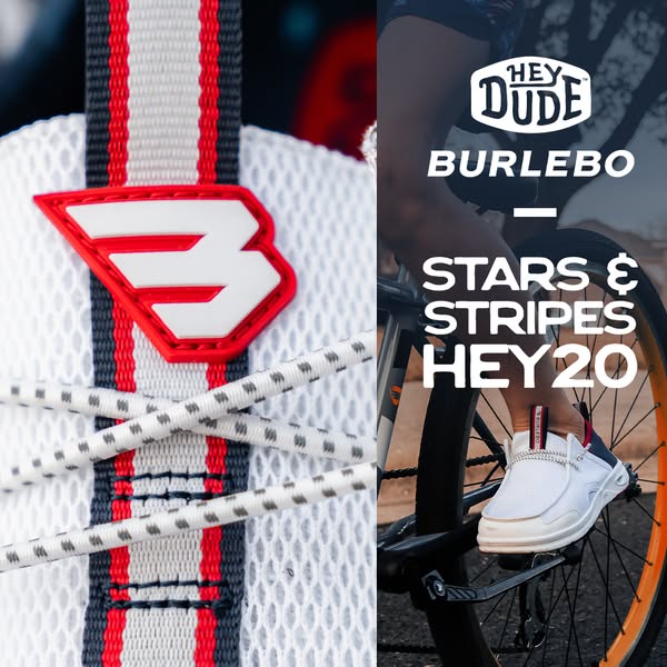 This ad showcases Hey Dude's Burlebo Stars & Stripes shoes. The image is split into two sections: the left side 