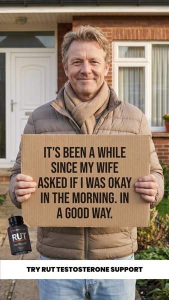 This ad shows a man outside his home holding a sign with a customer testimonial. The ad promotes a testosterone support 