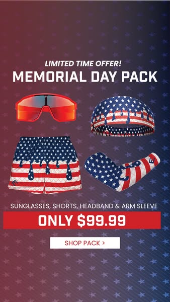 This image ad promotes a limited time Memorial Day pack, including sunglasses, shorts, a headband, and an arm sleeve. Th