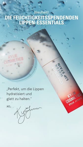 This ad showcases Kylie Cosmetic's lip products. The ad uses an underwater aesthetic and text in German.
