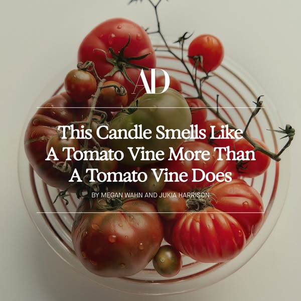 This image ad for a candle features a bowl of tomatoes and claims that the candle smells more like a tomato vine than an
