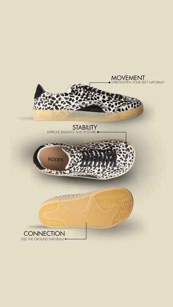 This ad showcases the features of the Koops footwear. It emphasizes movement, stability, and connection to the ground.