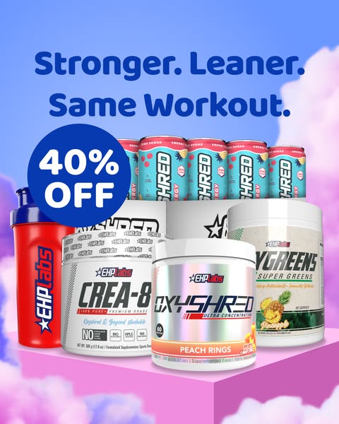 This ad promotes EHP Labs supplements and energy drinks, highlighting a discount to encourage purchases.