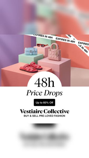 This image ad for Vestiaire Collective promotes a limited-time "48h Price Drops" sale with up to 60% off. The 