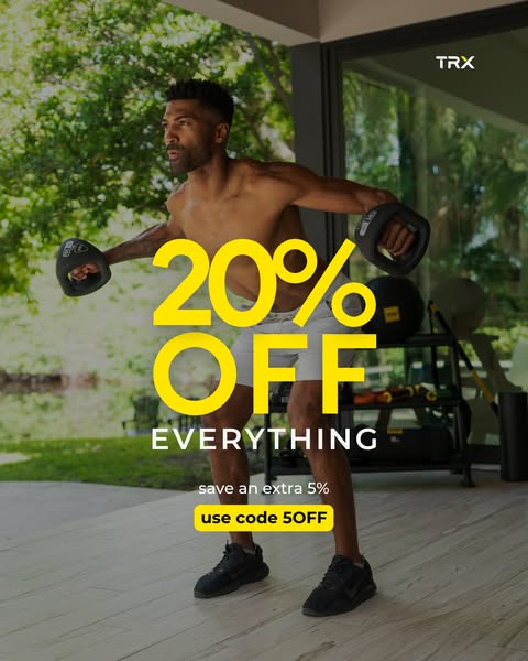 This ad promotes TRX training equipment by featuring an athlete using the product and offering a discount on all items.
