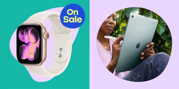 This ad showcases the Apple Watch and iPad and promotes them as being on sale.