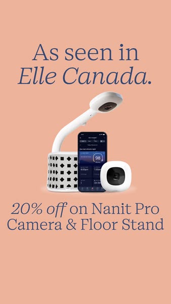 Ad showcasing the Nanit Pro Camera and Floor Stand, highlighting its feature in Elle Canada and offering a 20% discount.