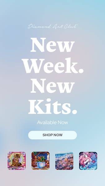 This image ad from Diamond Art Club promotes new kits that are available for purchase. The image has a soft gradient bac