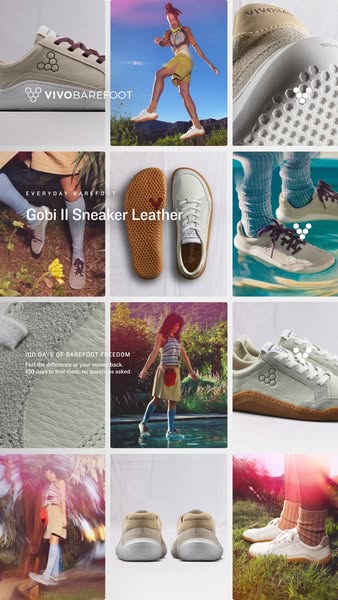 This ad is for Vivobarefoot's Gobi II Sneaker Leather. The ad displays a grid of lifestyle shots of people using and