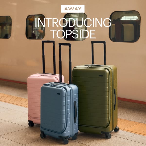This ad showcases Away's new Topside luggage collection, highlighting the luggage in front of a train to position it
