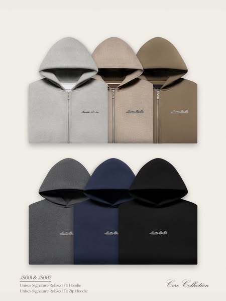 This ad features a product display of unisex hoodies in various colors.