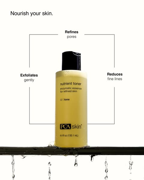 This image ad showcases PCA Skin's nutrient toner with a focus on its ability to refine pores, reduce fine lines, an