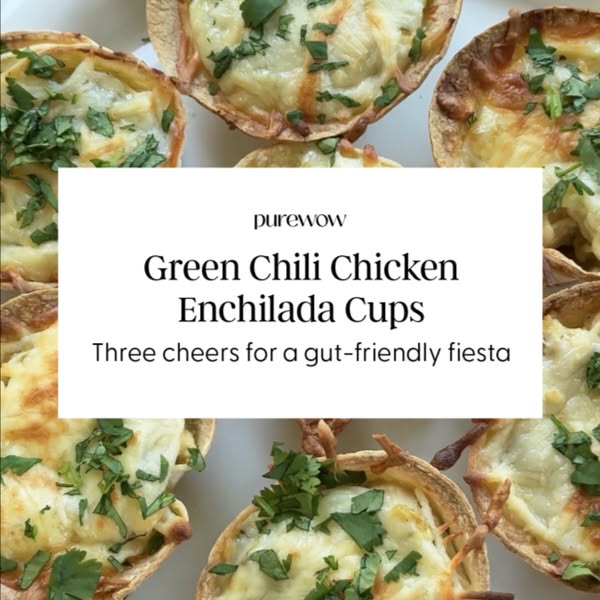 This image ad showcases Purewow's recipe for Green Chili Chicken Enchilada Cups. The ad's creative features a cl