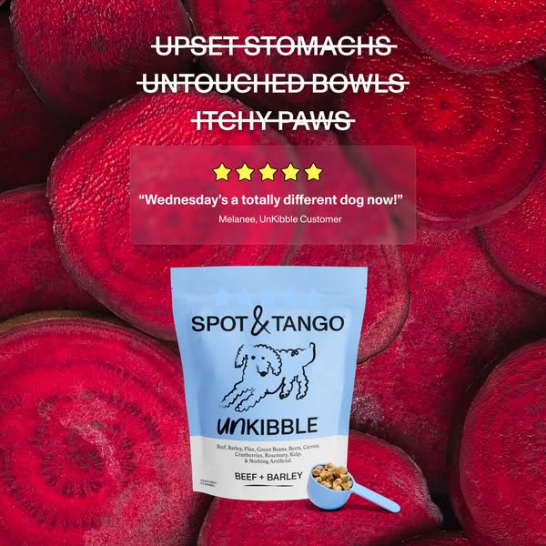 This ad for Spot & Tango dog food features a bag of 'unKIBBLE' surrounded by beets. The ad calls out common 