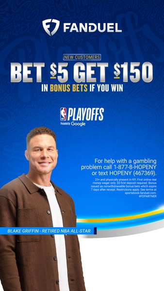 This ad for Fanduel promotes an offer for new customers to bet $5 and get $150 in bonus bets if they win, during the NBA