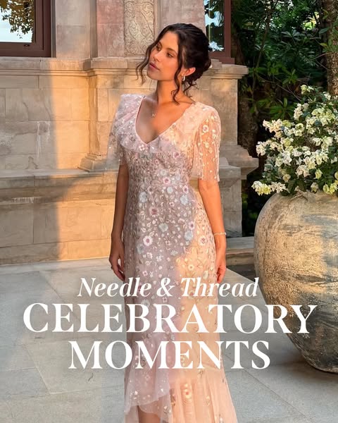 This is an ad for Needle & Thread, featuring a woman in a pink embellished dress with a tulle hem, designed for cele