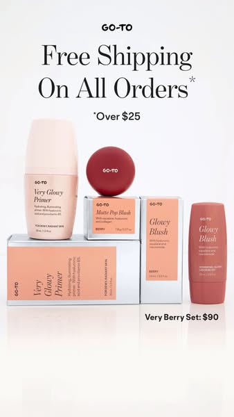 This ad showcases the GO-TO brand's 'Very Berry Set' which includes Very Glowy Primer, Matte Pop Blush, and 
