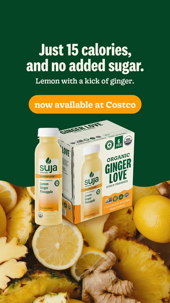 This ad promotes Suja Organic Ginger Love juice, highlighting its low calorie count and availability at Costco. The imag