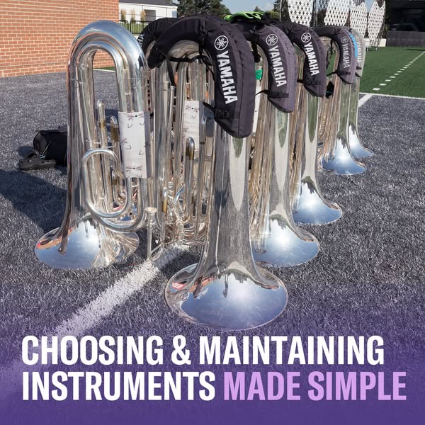 This ad aims to help viewers with choosing and maintaining their musical instruments. The image shows 5 tubas in a row o