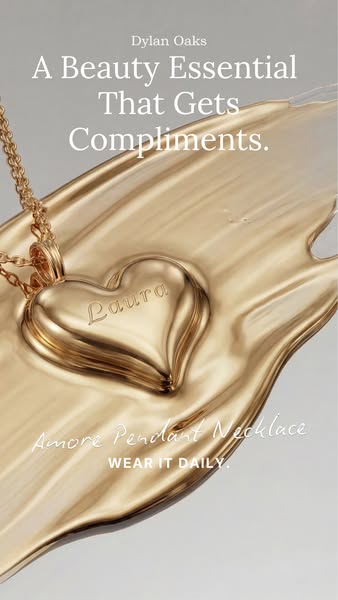 This image ad for Dylan Oaks features the Amore Pendant Necklace. The necklace is gold and is lying on a gold surface. T