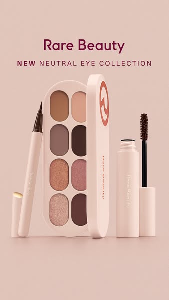 This image ad features the Rare Beauty New Neutral Eye Collection. It includes an eyeshadow palette, eyeliner and mascar