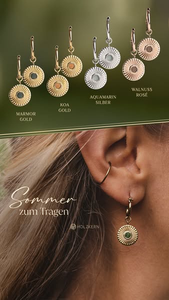 Ad for Holzkern earrings in different styles, featuring a person wearing them. The ad calls attention to the brand's