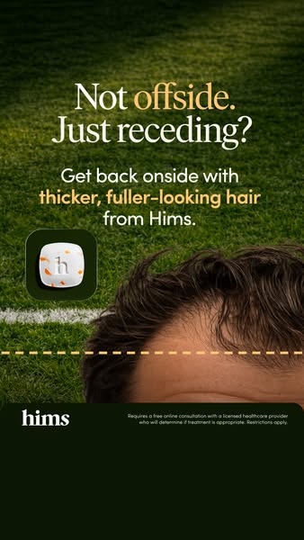 This image ad for Hims uses a sports reference to humorously address hair loss in men. The visual features a man's r